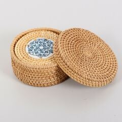 RATTAN KUTULU 6'LI MAVİ SERAMİK BARDAK ALTLIĞI 13X6CM