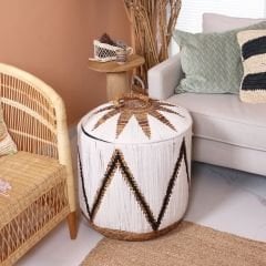 SÖKE BEYAZ MAKROME VE DOĞAL ABAKA - KAPAKLI SEPET 52X50 CM