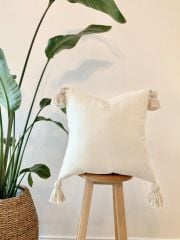 KIRLENT KILIFI YASTIK KILIFI PÜSKÜLLÜ KETEN KREM