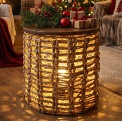 EDİS AYDINLATMALI VE KAPAKLI DOĞAL ABAKA DEKORASYON SEPETİ VE SEHPA 40X41 CM